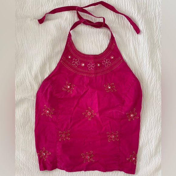 Miss Selfridge Pink Embroidered Halterneck Tie Back Top - Picture 3 of 6